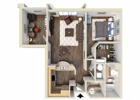 Floor plan for 1 bed, 1.5 baths, 840 sqft